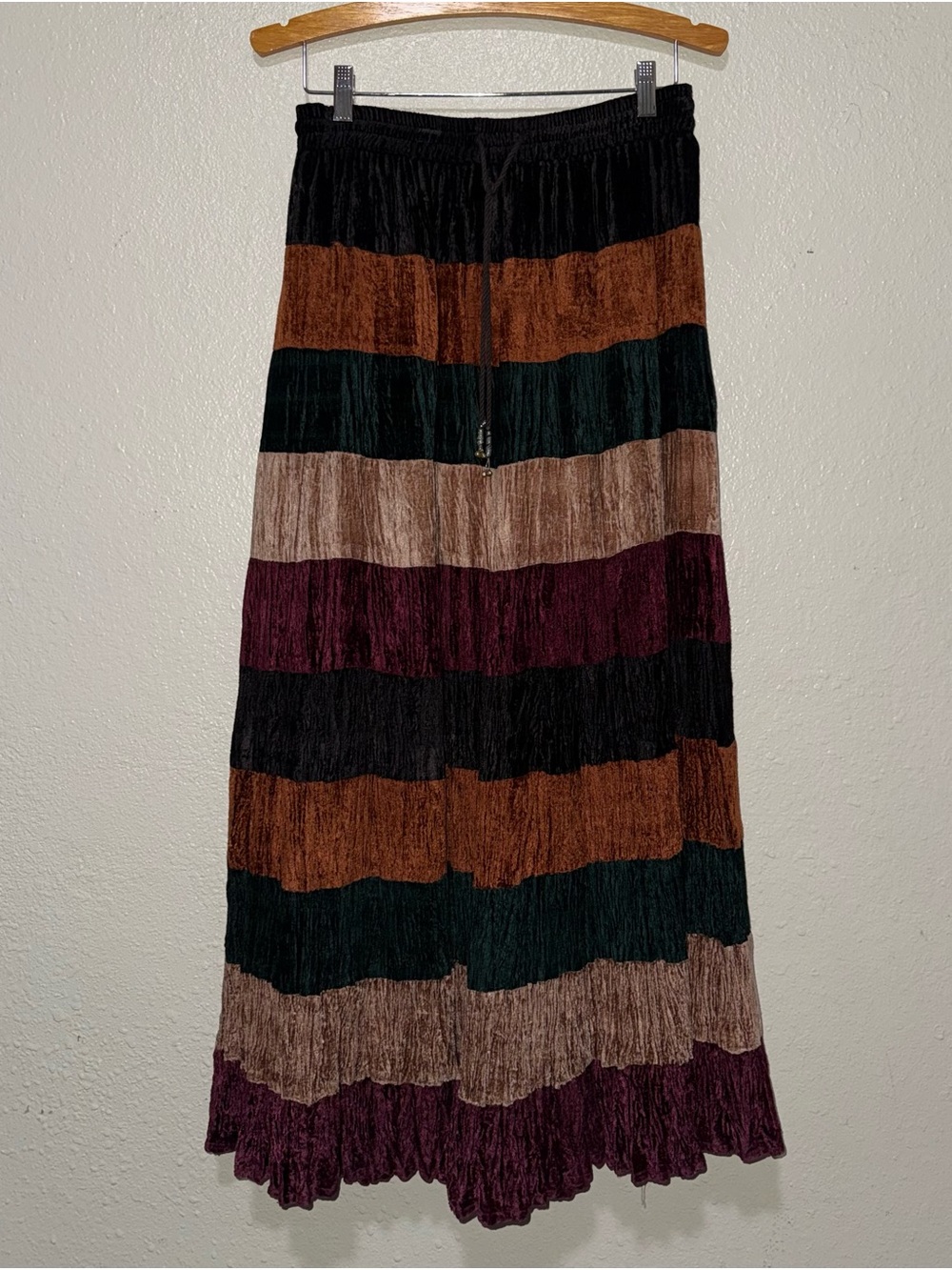 Women’s Boho Western Neutral ColorBlock Stripe Maxi Flare Skirt Pull On